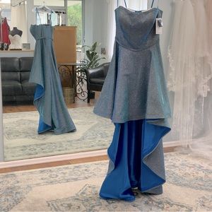 Hi-Lo Blue & Silver strapless gown Val Stefani 3668RE